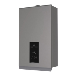 Gray water heater with digital display on a white background