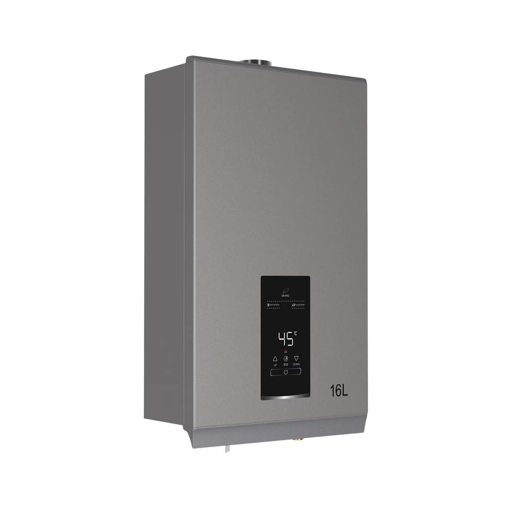 Gray water heater with digital display on a white background