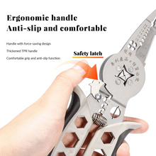 Load image into Gallery viewer, Multitool with ergonomic handle and safety latch held by a hand, text highlighting features.