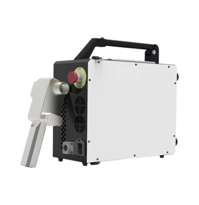 Portable spray gun with a white body and black handle on a white background