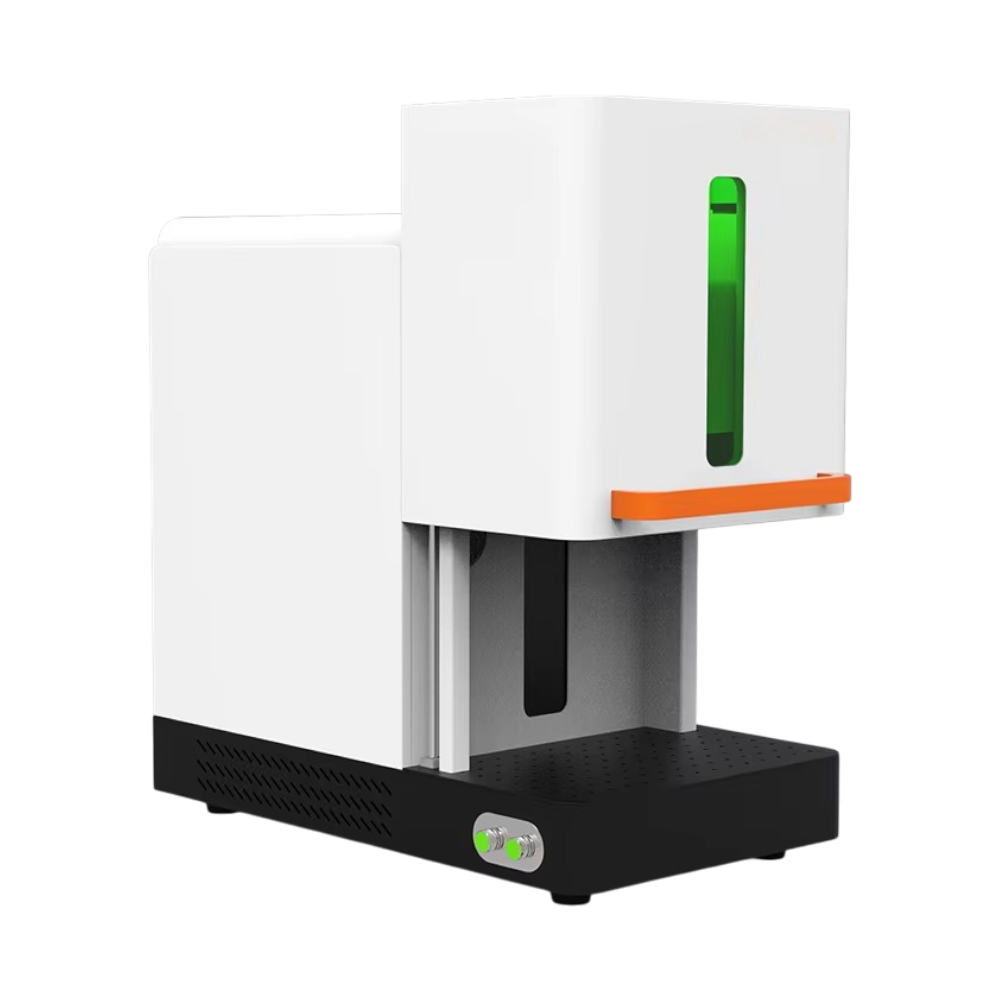 White and black machine with a green light on a white background