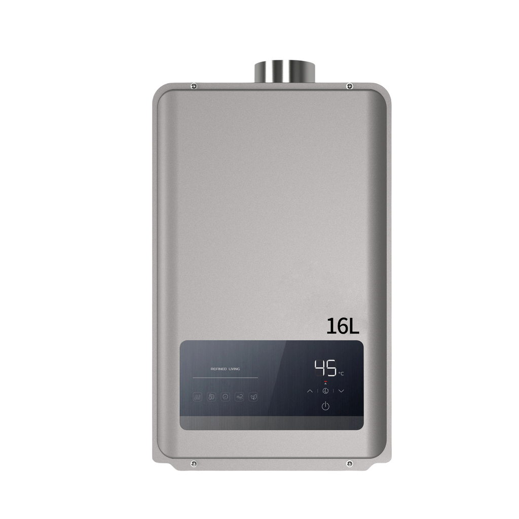 Stainless steel water heater with digital display on a white background