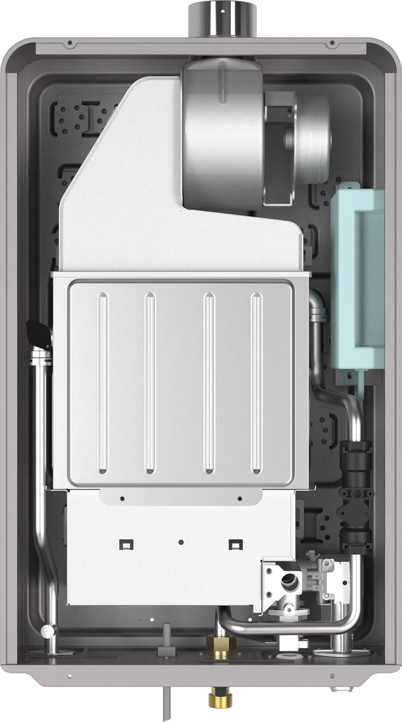 Internal view of a gas water heater with visible components.