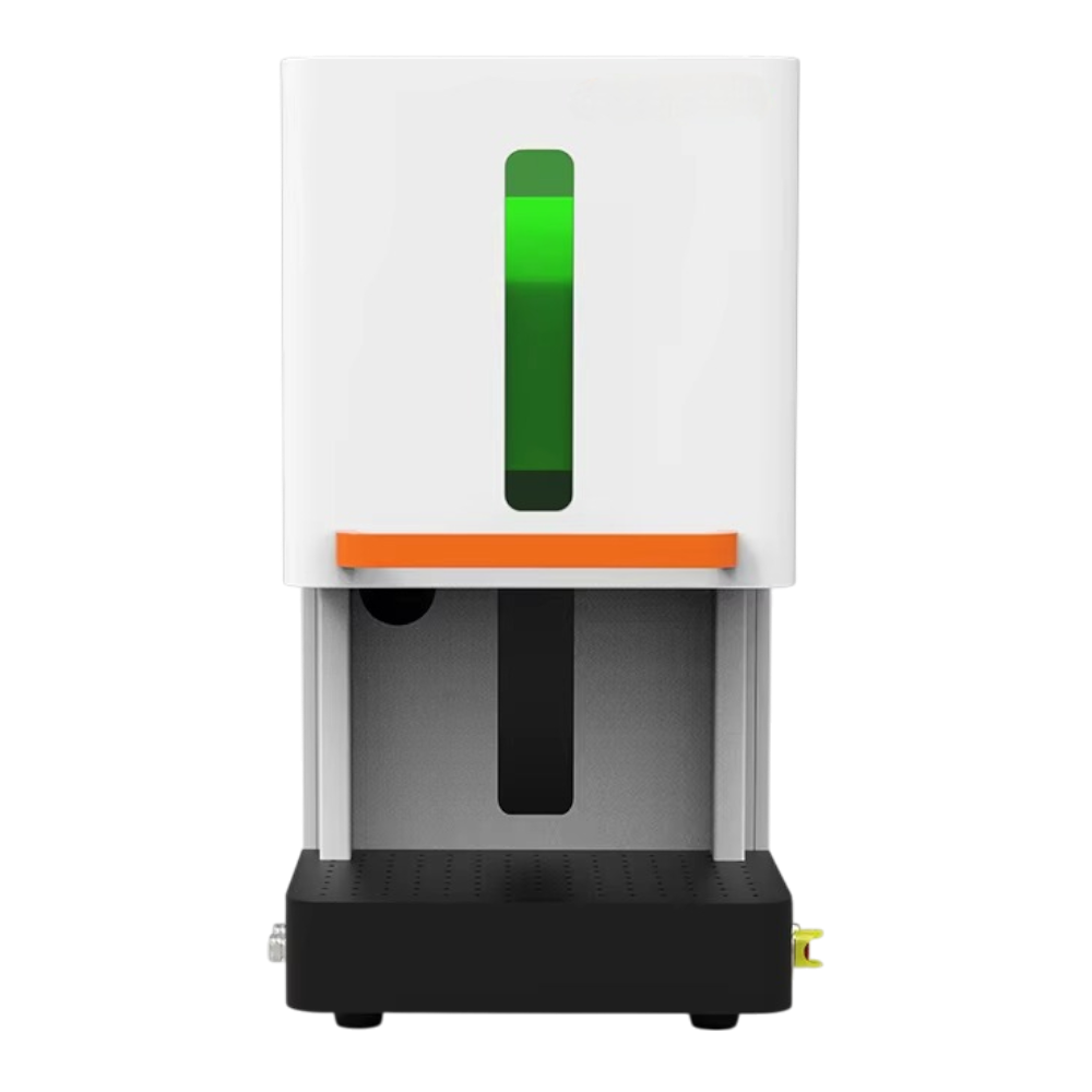 White electronic device with a green light bar and orange accent on a white background