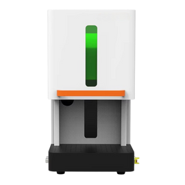 White electronic device with a green light bar and orange accent on a white background