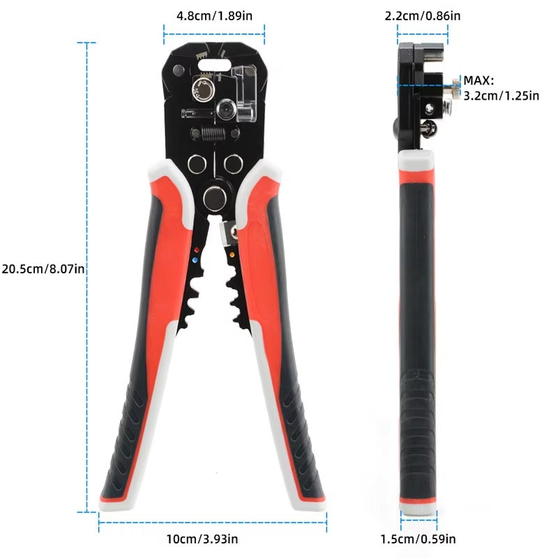 Pair of wire strippers with measurements on a white background