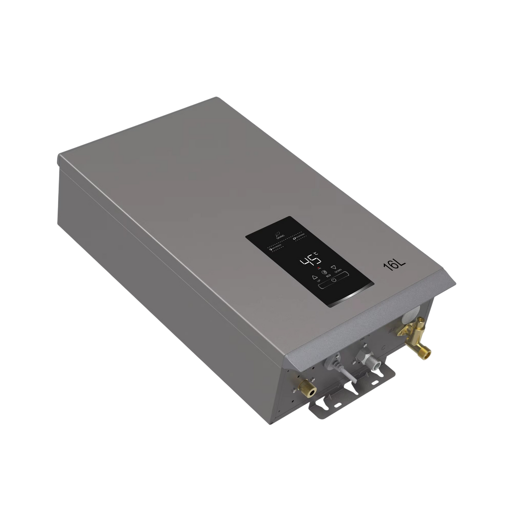 Gray water heater with digital display on a white background