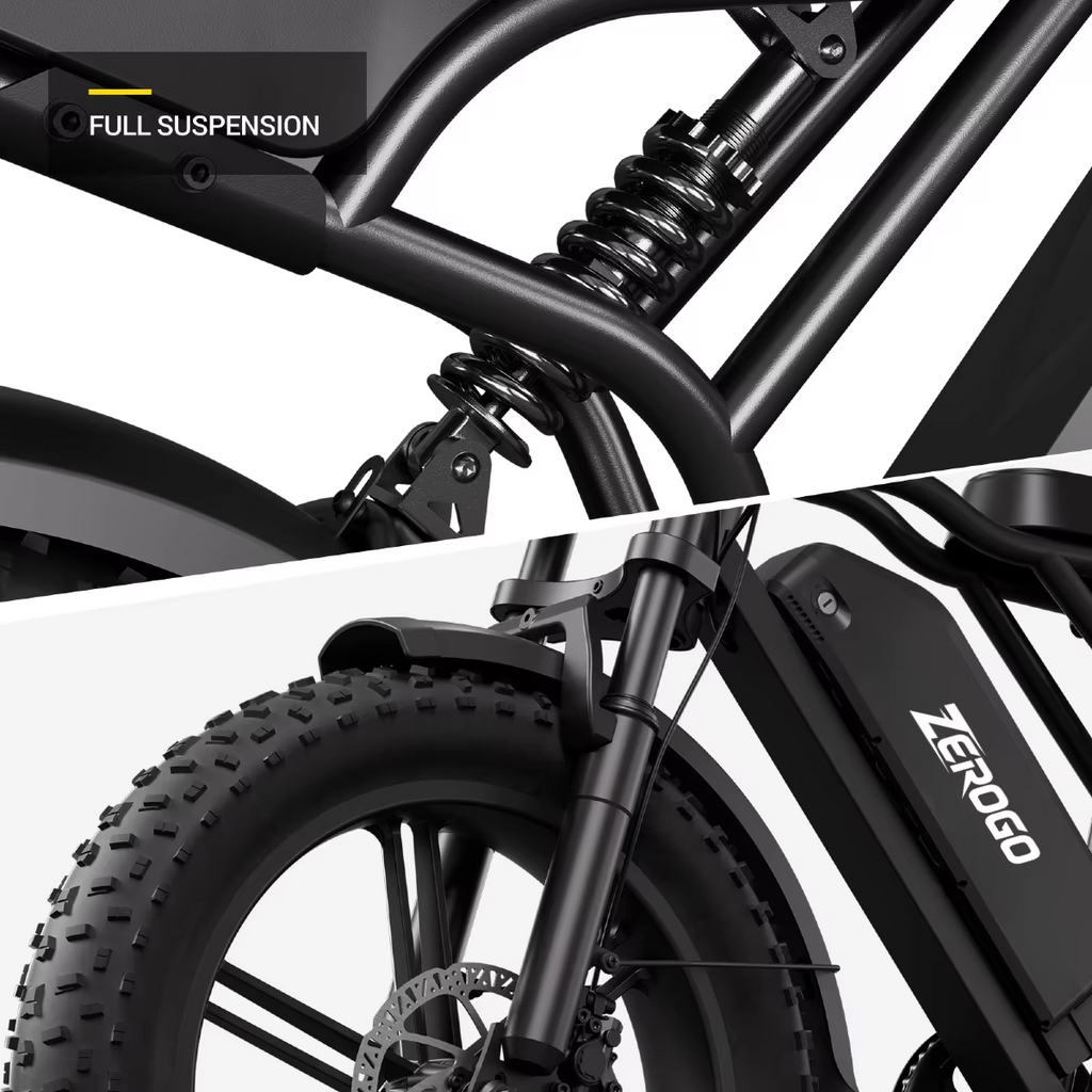 Zerogo V8 Fatbike Electric Mountain Bike 250W 48V 15Ah | Dual Suspension 20x4” Tires, 7-Speed, Hydraulic Disc Brakes