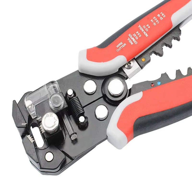 Wire stripper with red and black handles on a white background