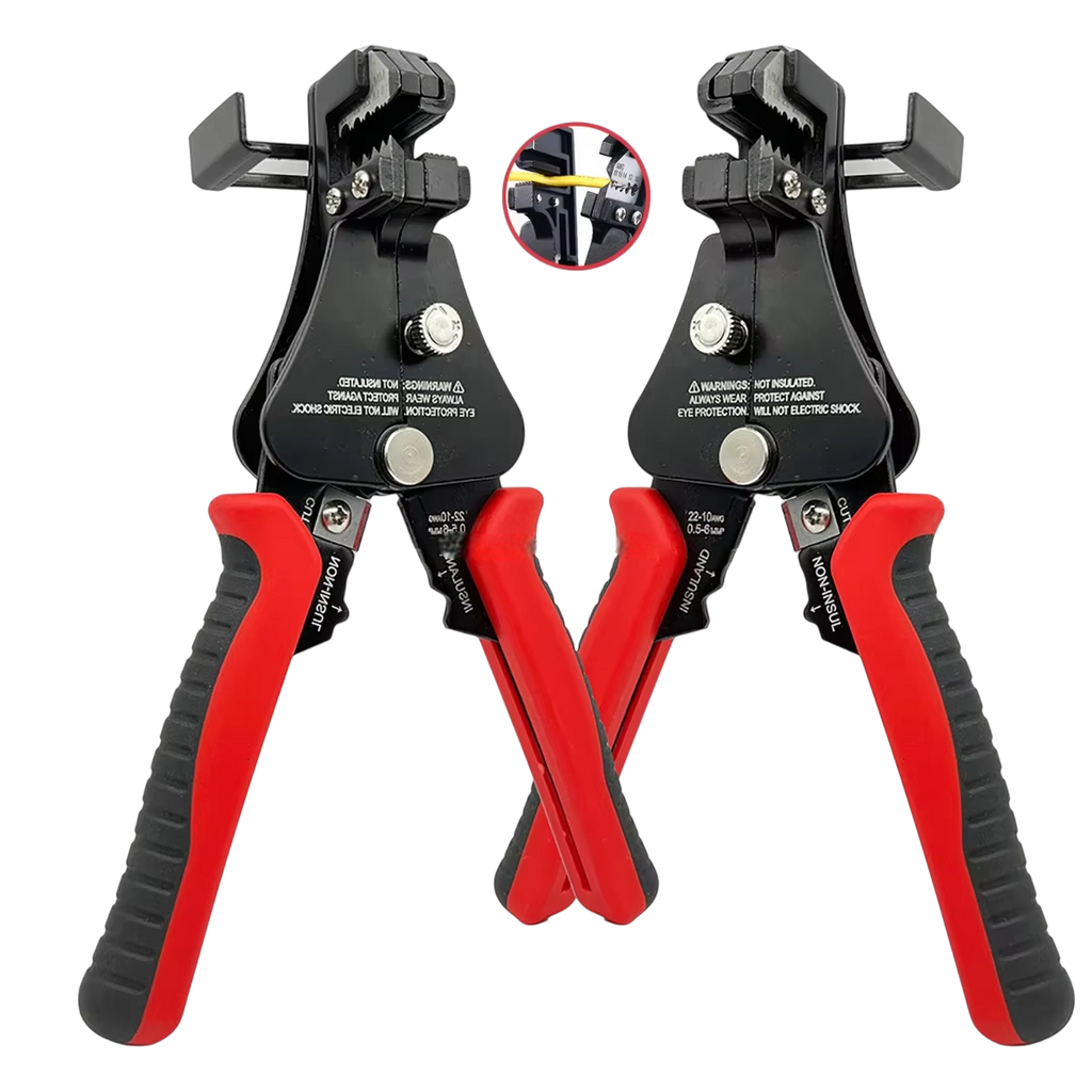 Pair of black and red wire stripping pliers on a white background
