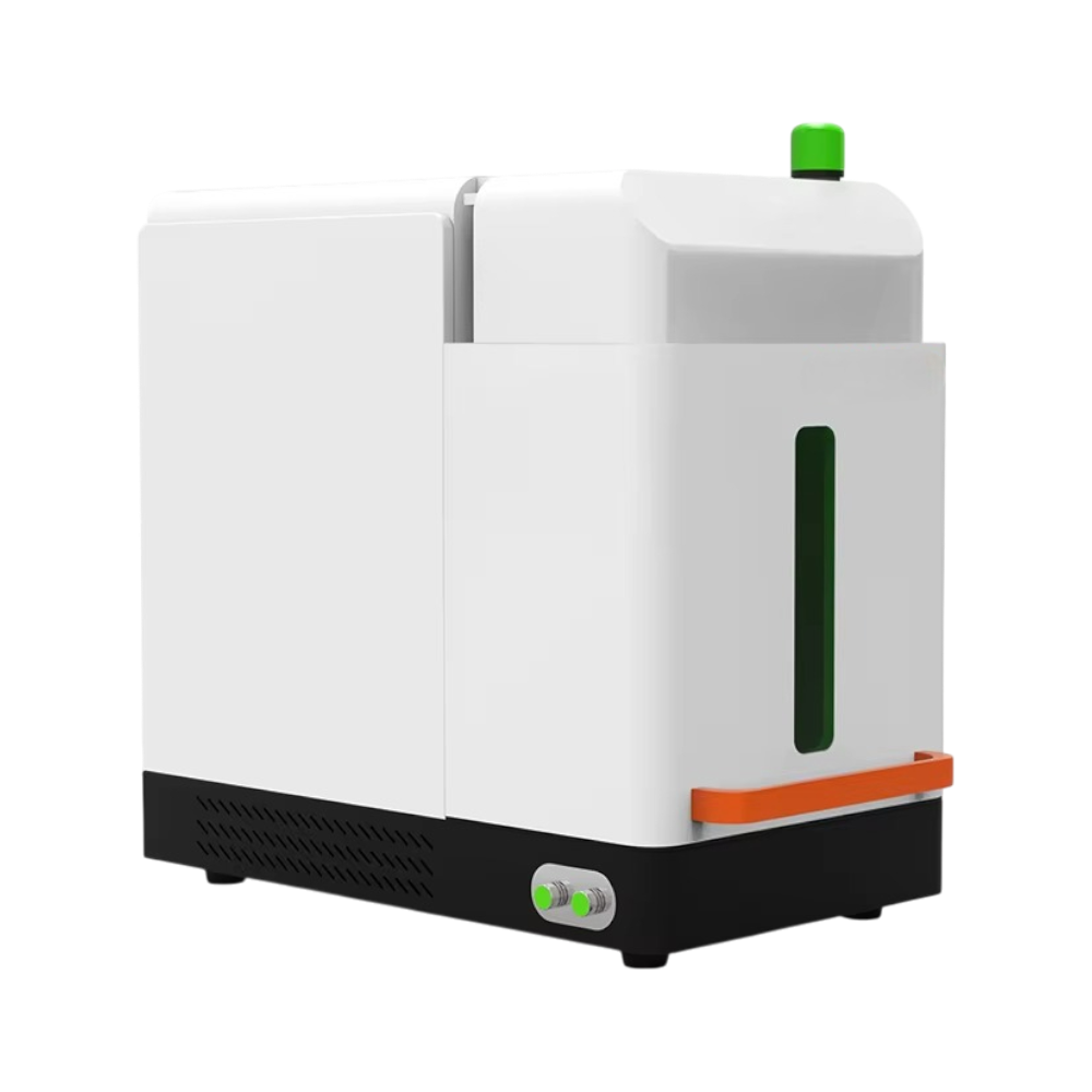 White electronic device with green and orange accents on a white background