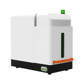 White electronic device with green and orange accents on a white background