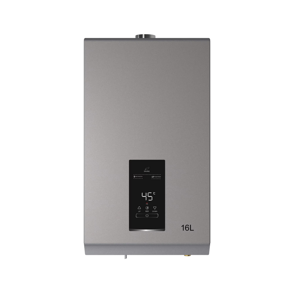 Stainless steel water heater with digital display on a white background