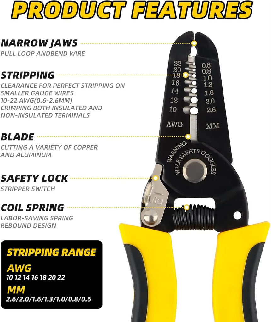 10–22 AWG Wire Stripper & Cutter – Multifunctional Electrician Pliers for Auto & Electrical Repair