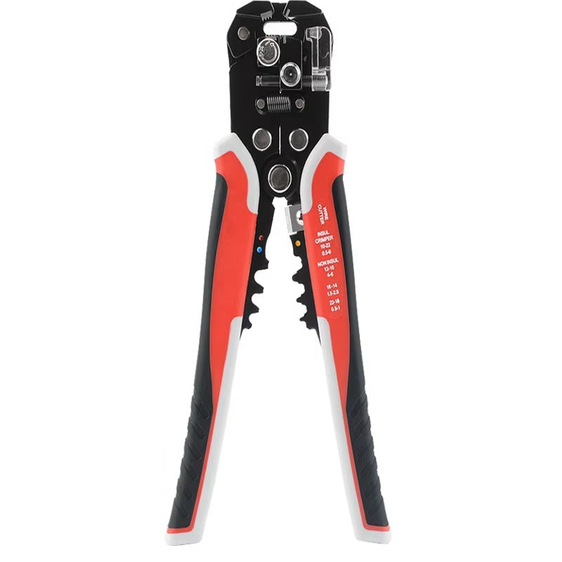 Cable crimping tool with red and black handles on a white background