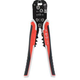 Cable crimping tool with red and black handles on a white background