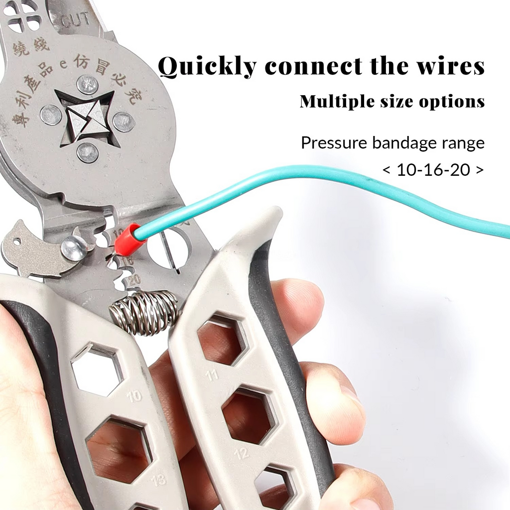 Wire crimping tool with text indicating wire connection options and pressure bandage range.