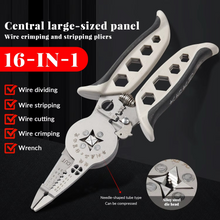 Load image into Gallery viewer, 16-in-1 wire crimping and stripping pliers with detailed features on a black background