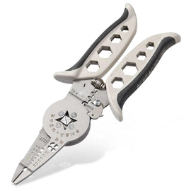 Multitool with plier and knife components on a white background