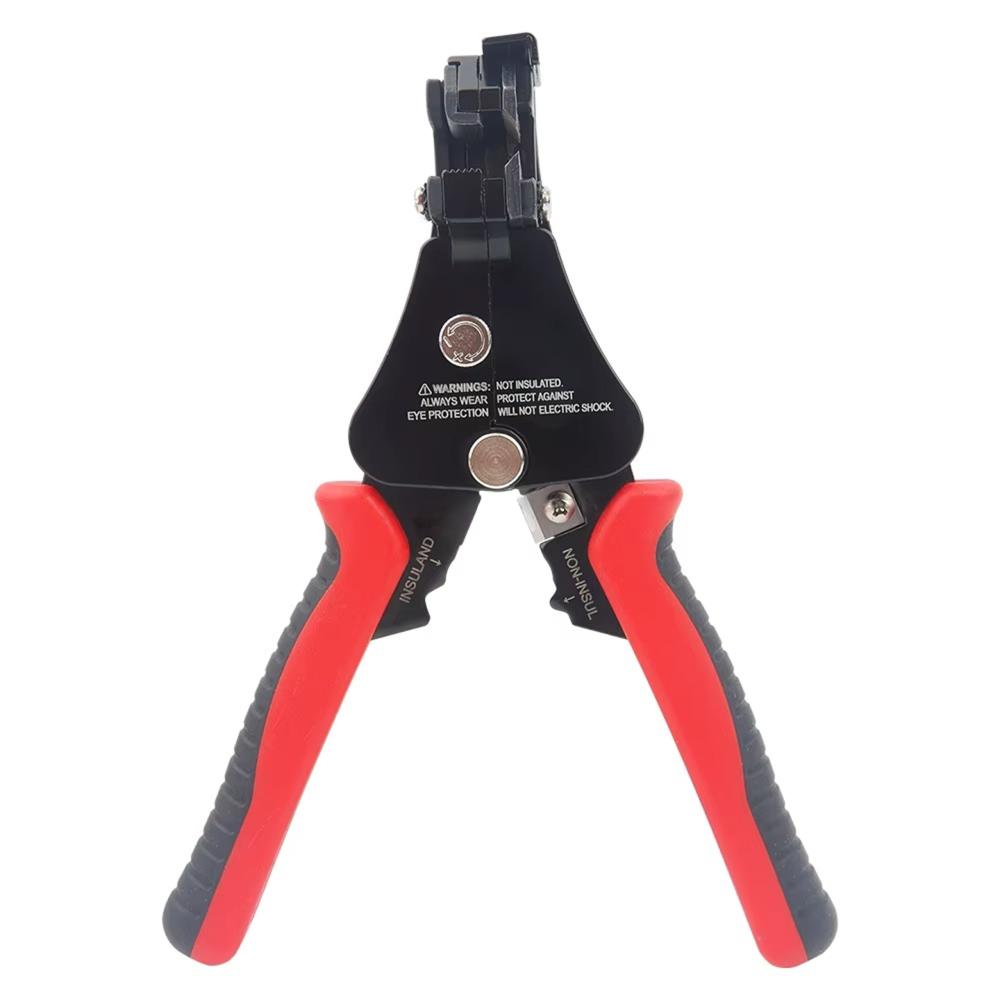 Pair of wire stripping pliers with red handles on a white background