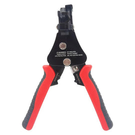 Pair of wire stripping pliers with red handles on a white background